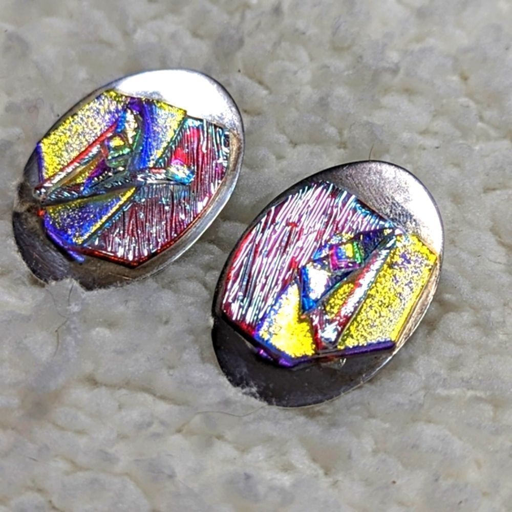 Vintage Sterling Silver and Dichroic Glass Accent Clip Earrings